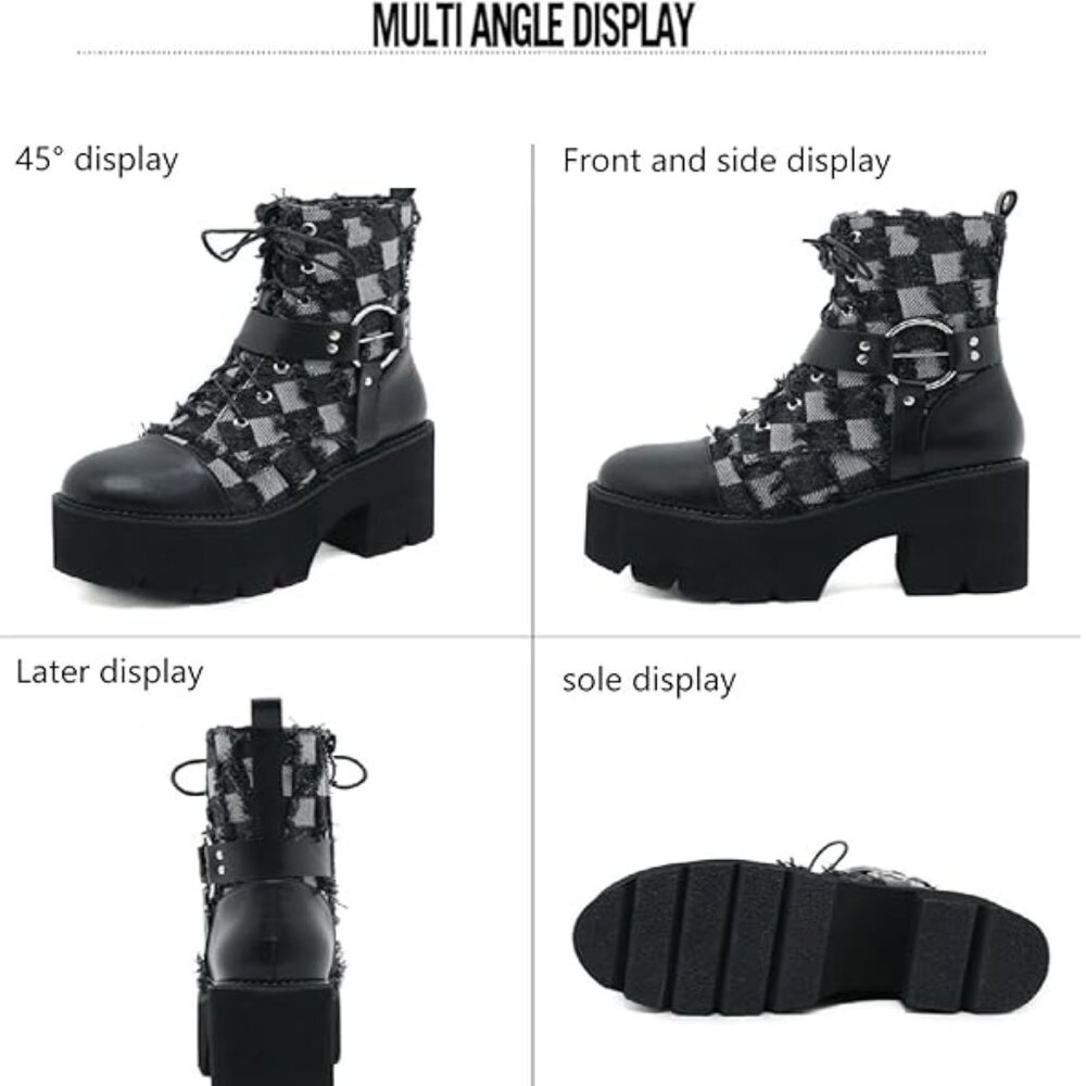 NEW! Women's Denim Leather Splice Chunky Heel Goth Ankle Boots With Side Zipper - Picture 5 of 5
